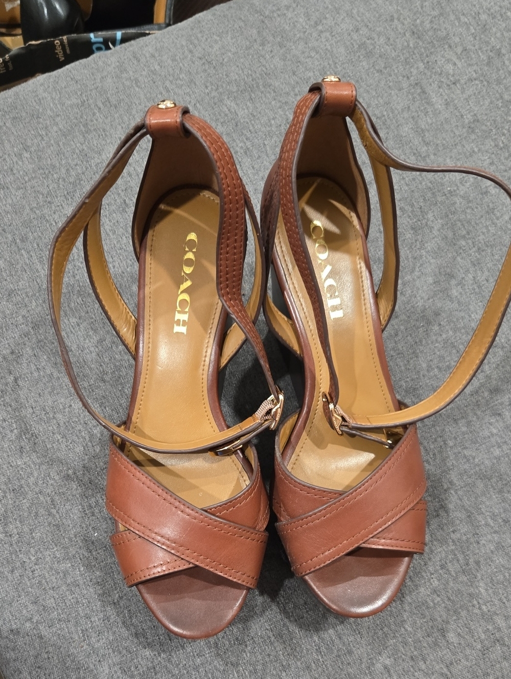 Coach Women's Brown Leather Crisscross Ankle-Strap Heels